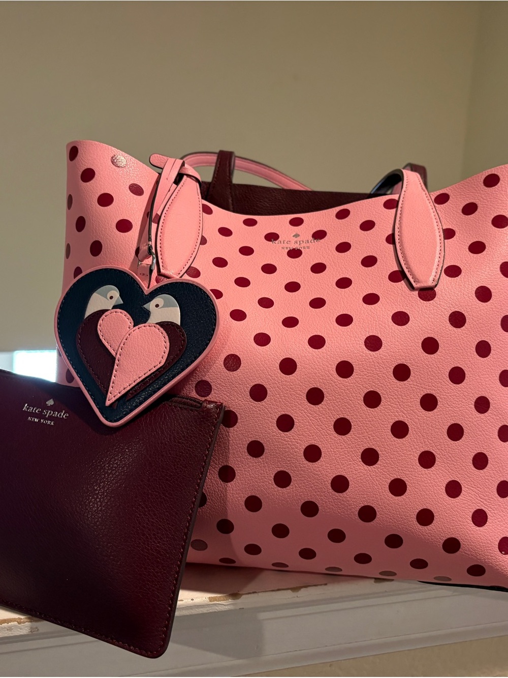 kate spade Pink and Burgundy Polka Dot Tote with Heart Charm